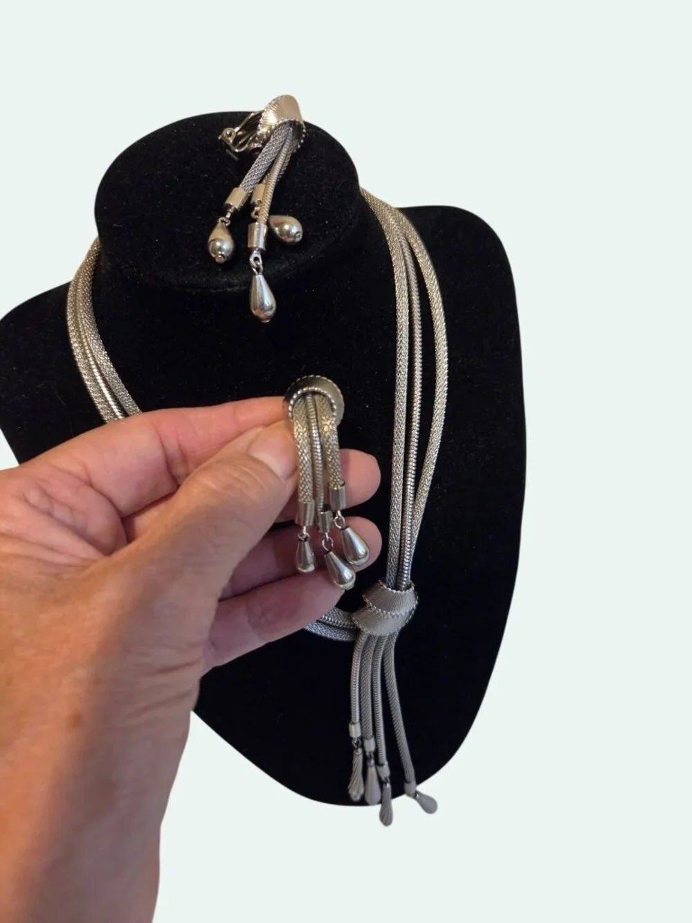 Vintage Multi-Strand Lariat Silver Necklace & Clip-On Earrings Set With Tassels